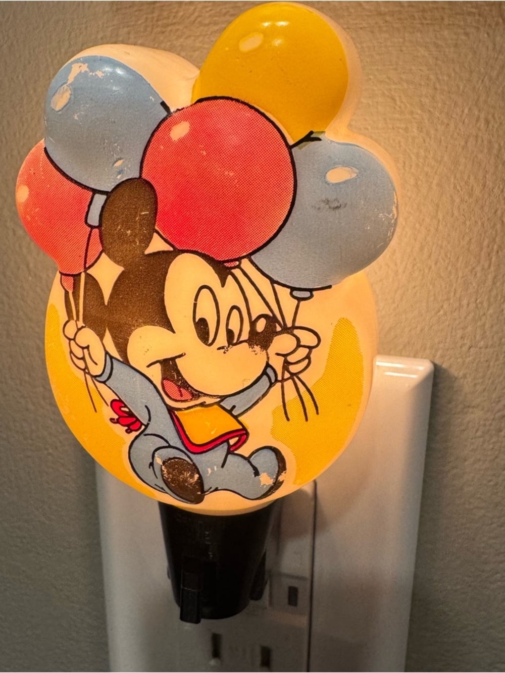 Vintage Baby Mickey Mouse Night Light Blue Pink Yellow Balloons 1977